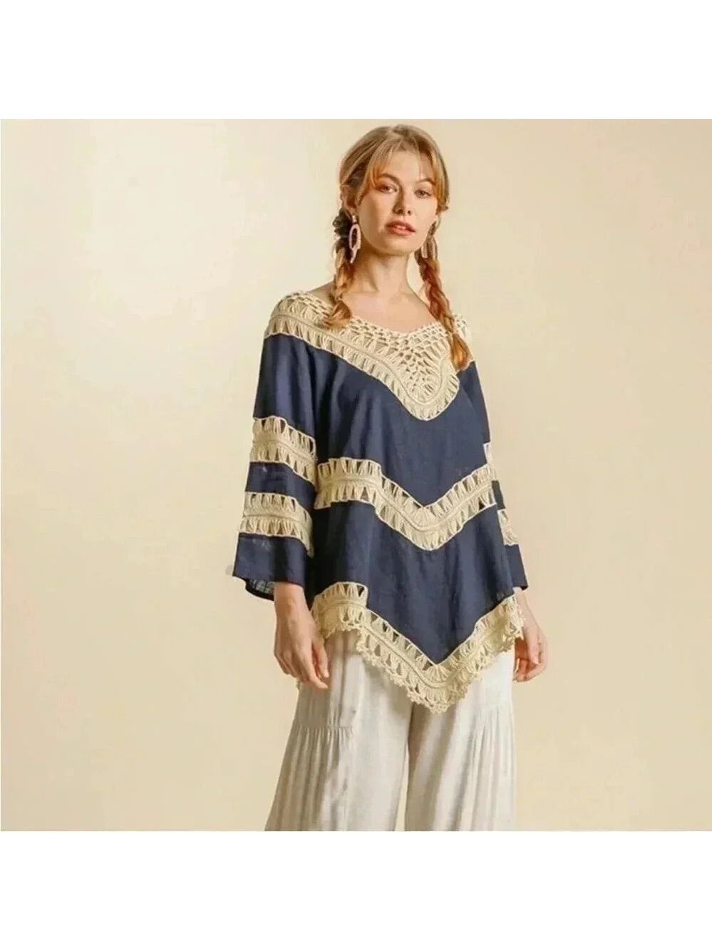 Umgee Long Sleeve Boho Crochet Sheer Top Navy Blue Size L Bohemian - Picture 3 of 14